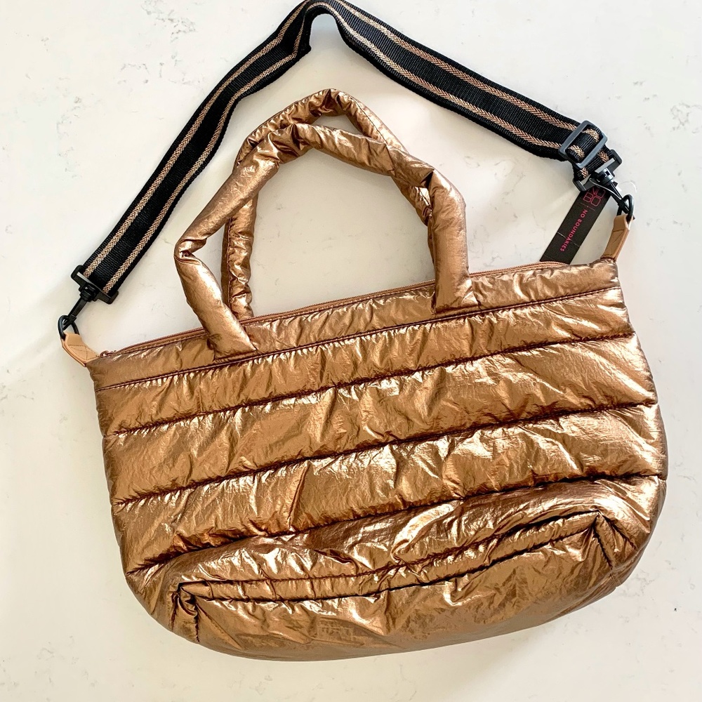 Crossbody Strap Bronze Large Puffer Zippered Tote